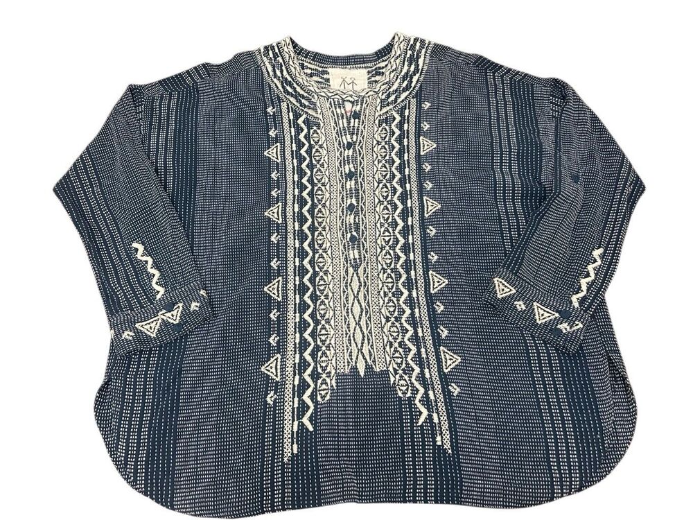 Johnny Was XL Embroidered Tunic Top Navy Blue Cotton Geometric Boho Long Sleevel